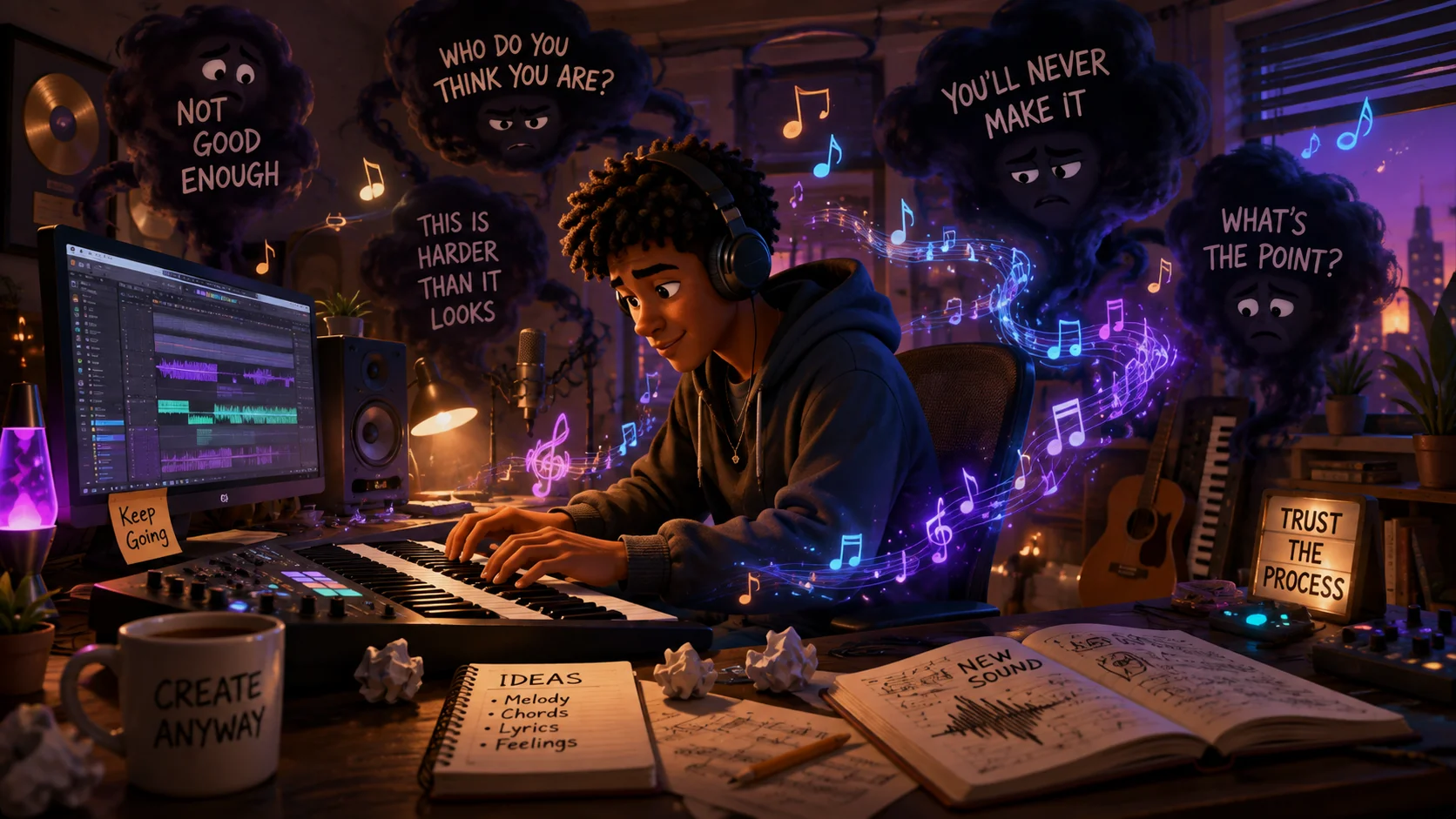 Musician continuing to create while fearful and doubtful thoughts surround him