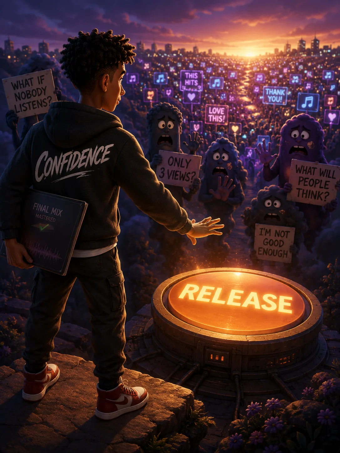 Musician overcoming fear while reaching toward a release button
