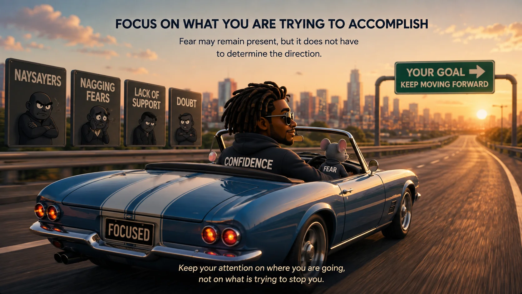 Car moving toward its destination while distractions remain around it