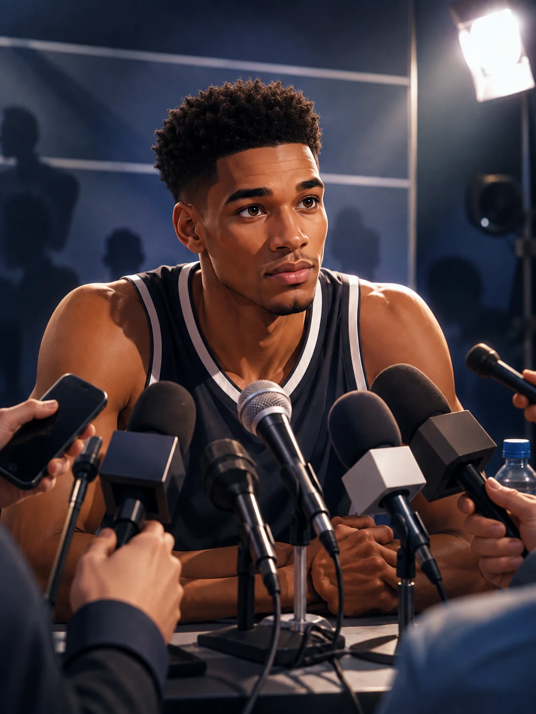 Basketball player answering questions at a press conference surrounded by microphones