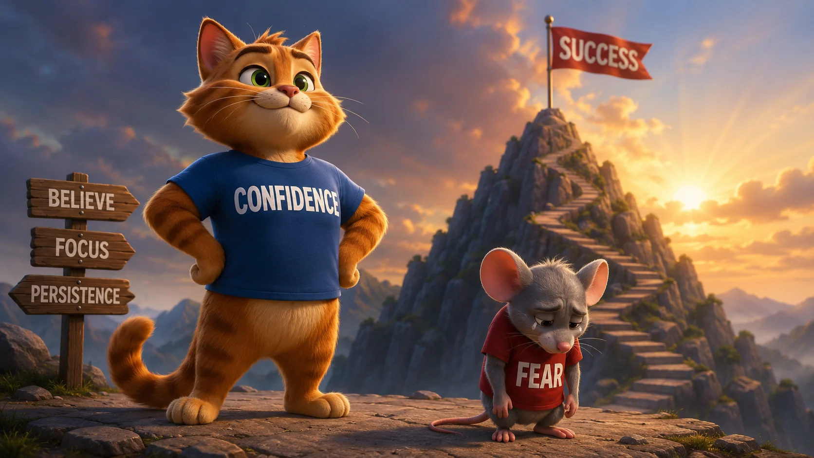 A visual representation of confidence moving forward while fear remains present on the path toward success