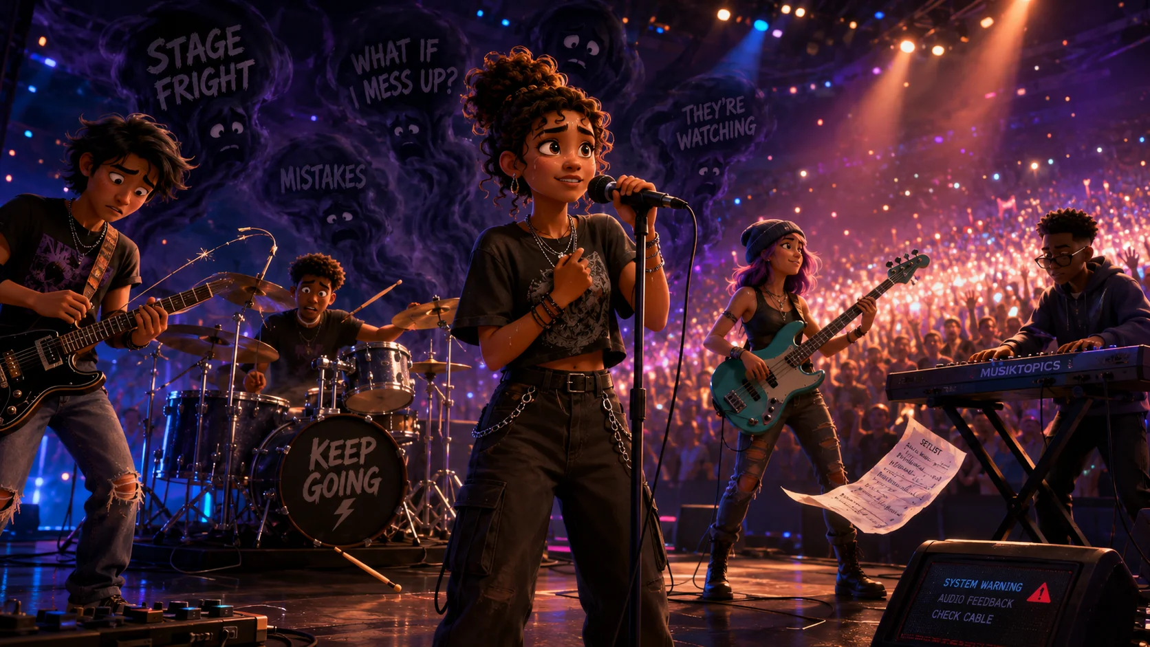 Thoughts of fear and doubt surrounding a musician performing on stage