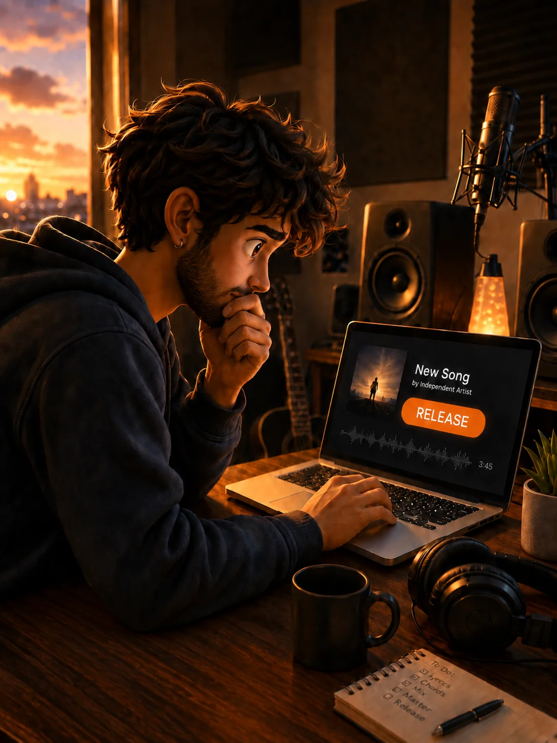 A musician sitting at a desk preparing to press the release button while confronting fear and hesitation