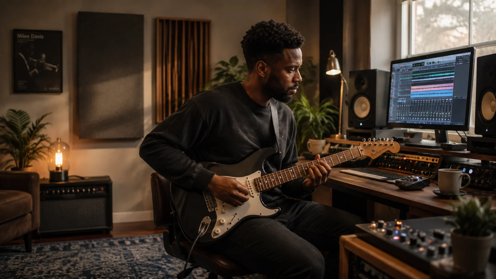 Musician playing guitar in a recording studio