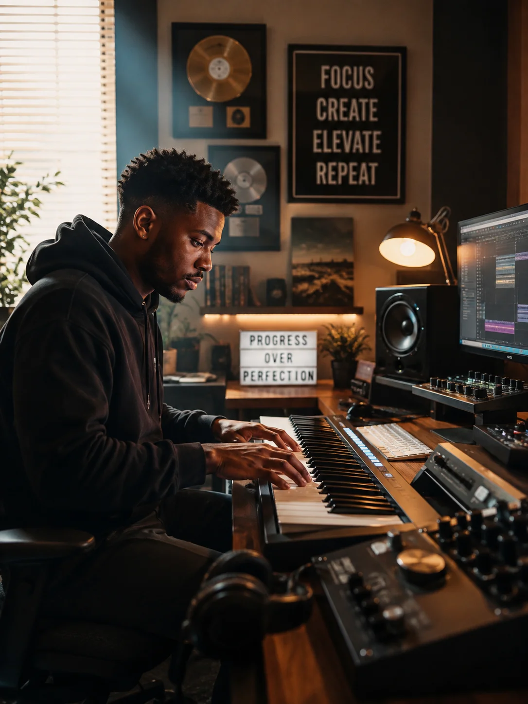 Music creator continuing to work at a keyboard in the studio